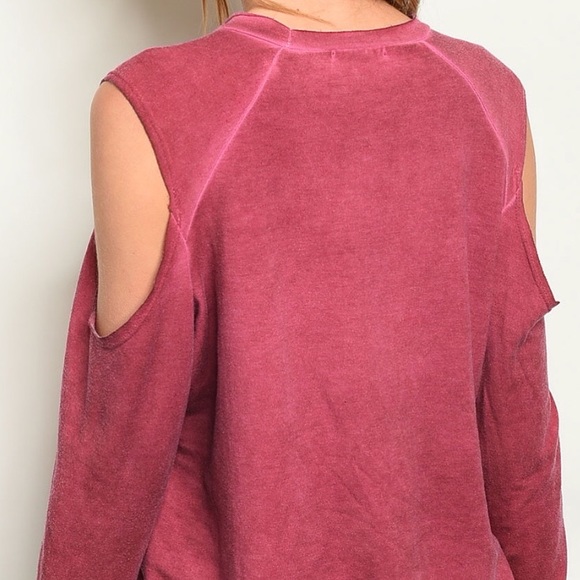 ❌DONATED❌Berry Burgundy Wash Cold Shoulder Long Sleeve Sweat Top - Picture 3 of 9